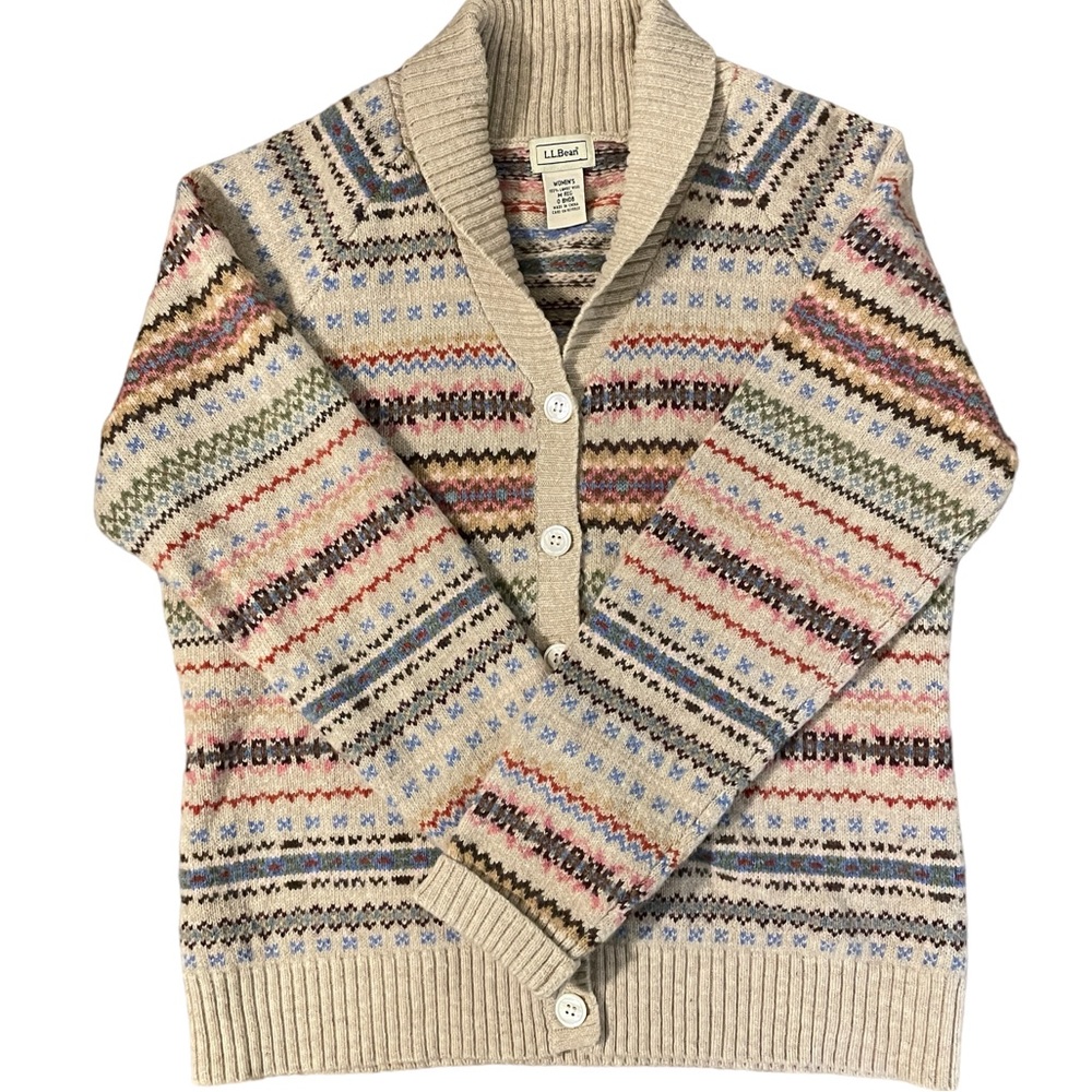 L. L. Bean Button Cardigan 100% Lambs Wool Fair Isle Print Women’s Size Medium
